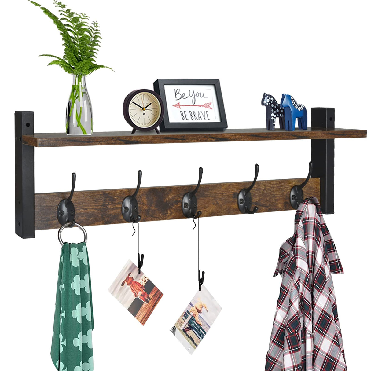 Homode Coat Rack with Shelf Wall Mount, 24 Inch Long Entryway Wall Shelf with Hooks, Wood Hanger with Storage Shelf for Bathroom, Hallway, Rustic Brown Black Homode