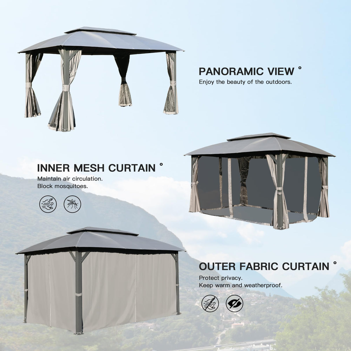 Domi Gazebo 10x14FT, Outdoor Gazebo with Double Roofs, Privacy Curtains, Mosquito Nettings, Heavy Duty Metal Frame Party Tent Canopy for Patio, Backyard, Deck, Lawn, Grey domi outdoor living