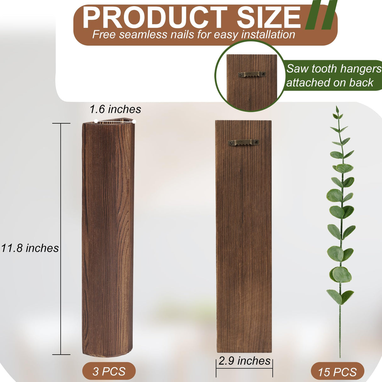 Fttoyoly 3 Pack Wood Wall Planter with Artificial Eucalyptus, Modern Wall Decor for Living Room Bedroom Bathroom Entryway, Farmhouse Boho Wall Vases for Dried Flowers and Faux Plants Fttoyoly