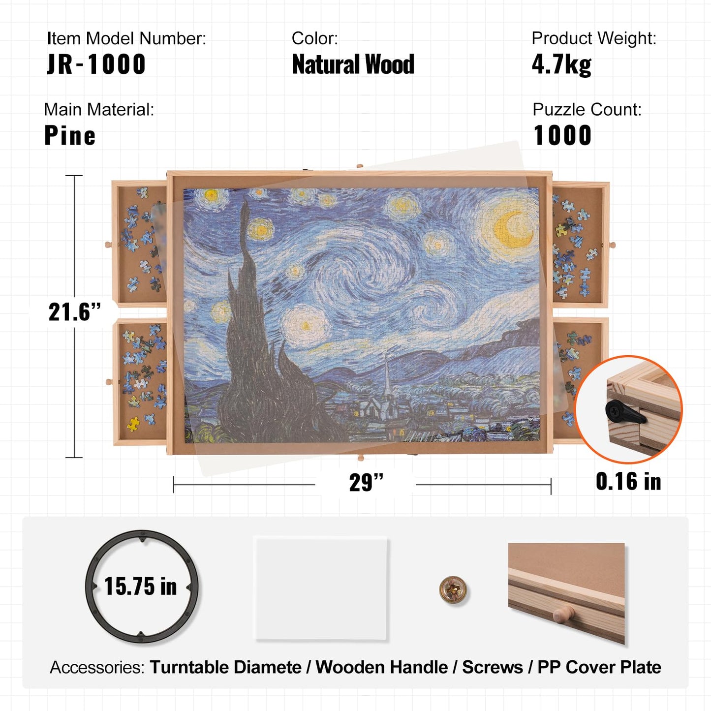 VEVOR 1000 Piece Puzzle Board with 6 Drawers and Cover, 29"x21.6" Rotating Wooden Jigsaw Puzzle Plateau, Portable Puzzle Accessories for Adults, Puzzle Organizer & Puzzle Storage System, Gift - WoodArtSupply