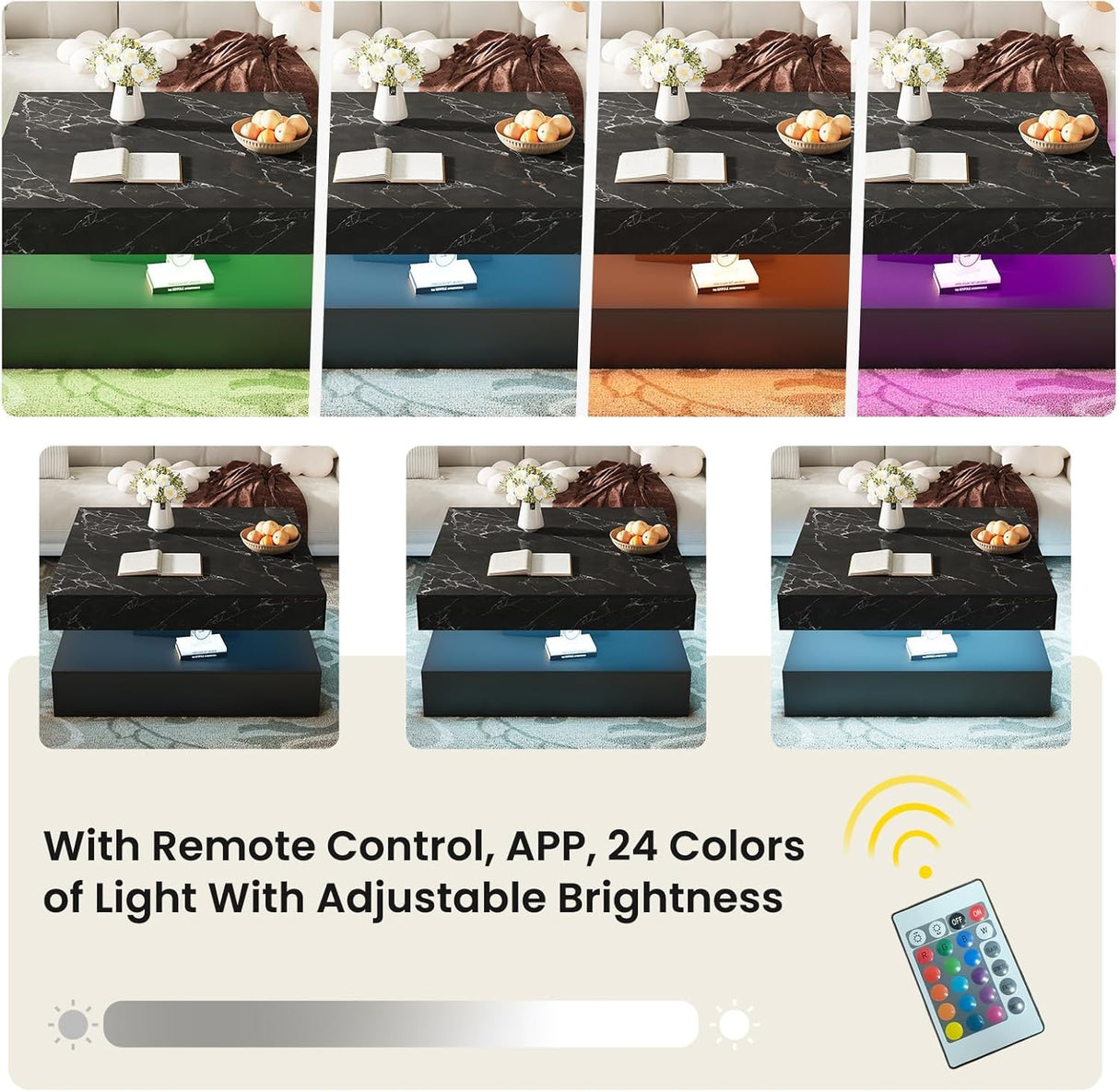 Square Coffee Table with LED Lights – 2-Tier High Gloss Minimalist Design, 30.7-Inch Modern Center Table with Storage and Drawer – Wooden Coffee Table for Living Room, Home, and Office GOFEI