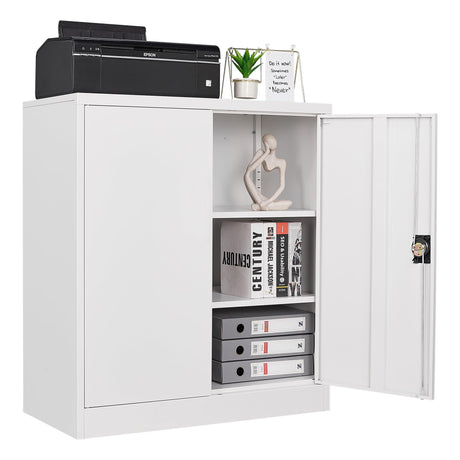 BYNSOE Metal Storage Cabinet Lockable Garage Storage File Cabinet with Doors Storage Cabinet with 2 Adjustable Shelves for Home Office Garage (White, 35 inch) BYNSOE