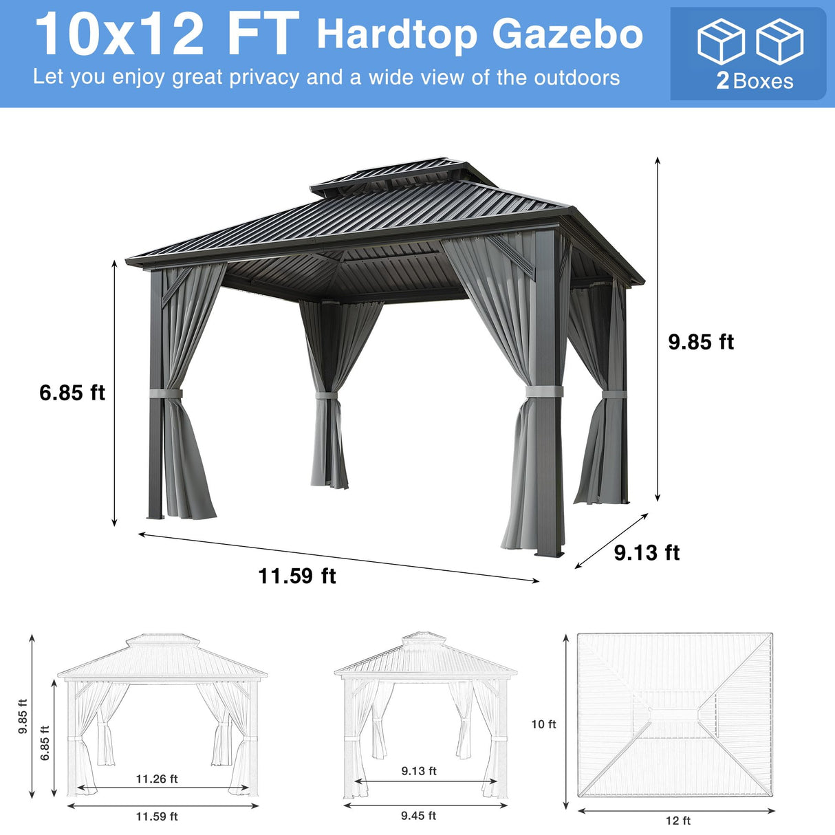 Airwire 10x12 FT Gazebo Hardtop Gazebo Aluminum Pergola with Aluminum Frame, Double Galvanized Steel Roof, Curtains and Netting Included Outdoor Gazebos Canopy for Patio, Backyard, Deck, Lawn,Grey AirWire