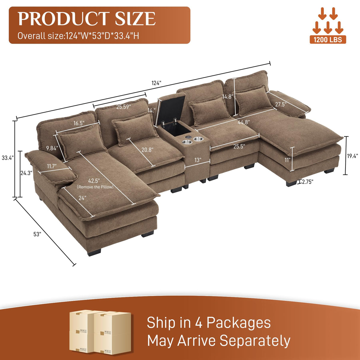 ONEMMLION U Shaped Cloud Couch Sectional Sofa, 124" Comfy Fluffy Chenille Brown Sectional Couches for Living Room with Double Chaise Lounge, Modern Modular Sofa with Central Console USB Port ONEMMLION