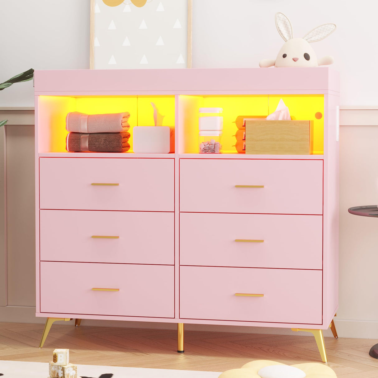 GarveeHome Dresser for Bedroom with 6 Drawers, Baby Changing Table Dresser with Changing Pad, LED Lights & Charging Station, Baby Changing Station with Changing Table Top, Pink GarveeHome