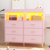GarveeHome Dresser for Bedroom with 6 Drawers, Baby Changing Table Dresser with Changing Pad, LED Lights & Charging Station, Baby Changing Station with Changing Table Top, Pink GarveeHome