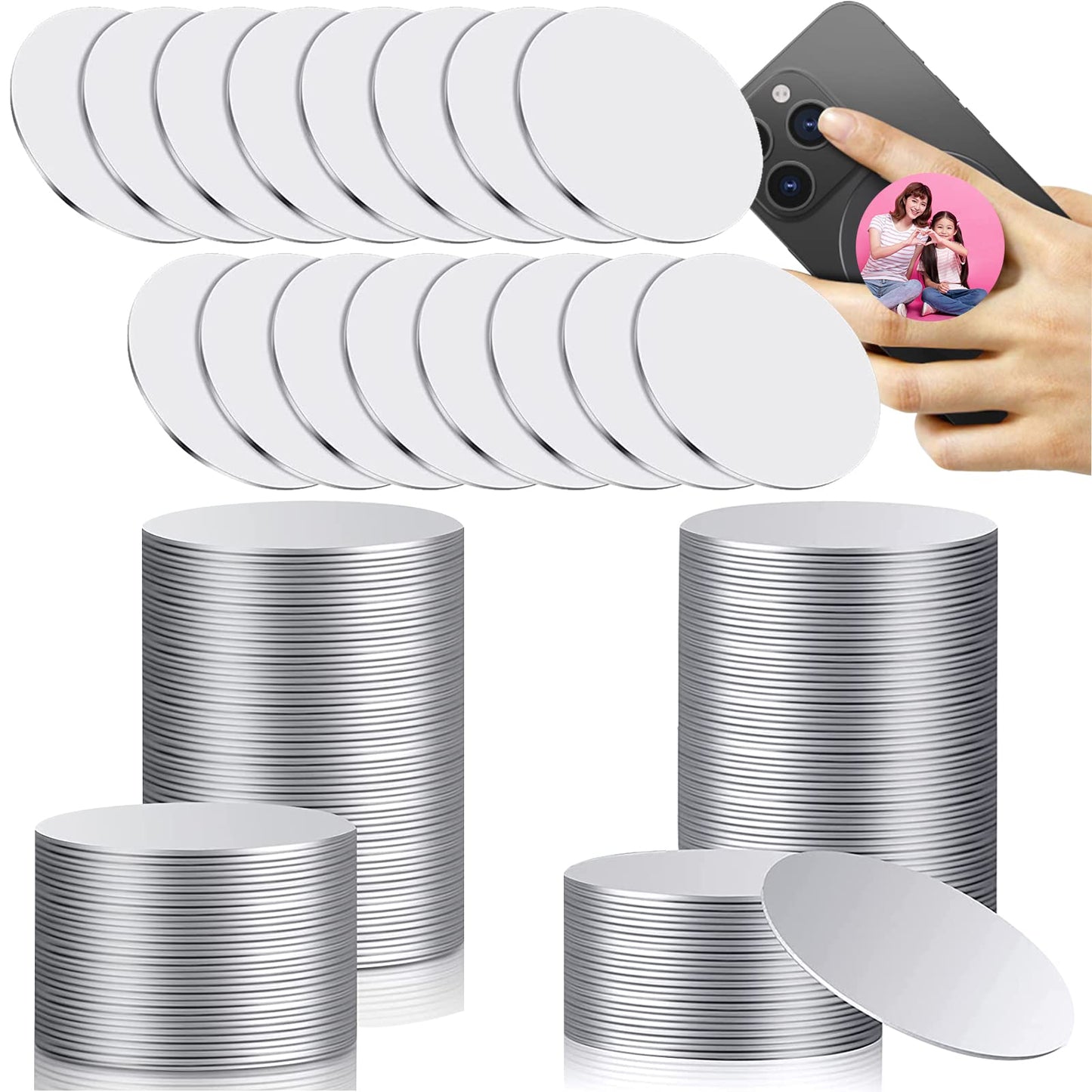 50 Pieces 1.5 Inch Sublimation Blank Aluminum Stickers Sublimation Aluminum Sheet Round Metal Board Photo Pendant DIY Heat Transfer Personalized Bracket Collapsible Phone Holders