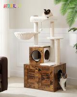 MUTTROS Cat Tree with Litter Box Enclosure, 50" Modern Cat Tree for Large/Fat Cats with Cat Condo, Wooden Cat Furniture with Large Hammock and Top Perch, Rustic Brown MUTTROS