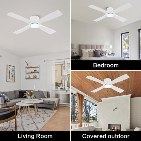 WINGBO 54 Inch Flush Mount DC Ceiling Fan with Lights and Remote, 4 Reversible Carved Wood Blades, 6-Speed Noiseless DC Motor, Hugger Ceiling Fan in Gloss White with White Blades, ETL Listed WINGBO