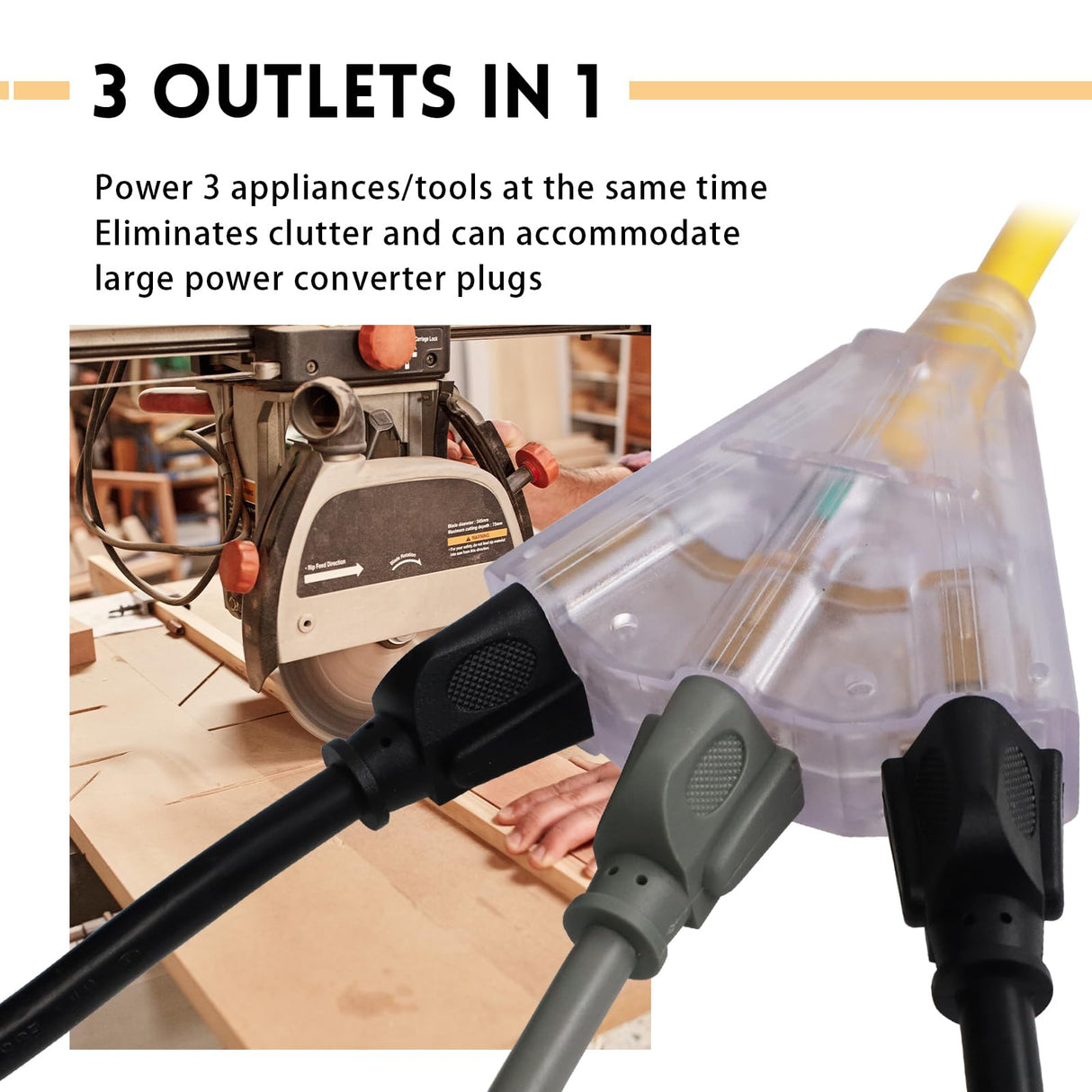 EP 50 Ft Lighted Outdoor Extension Cord with 3 Electrical Power Outlets - 14/3 SJTW Heavy Duty Yellow Extension Cable with 3 Prong Grounded Plug - Power Cord for Lawn, Garden, Appliances EP