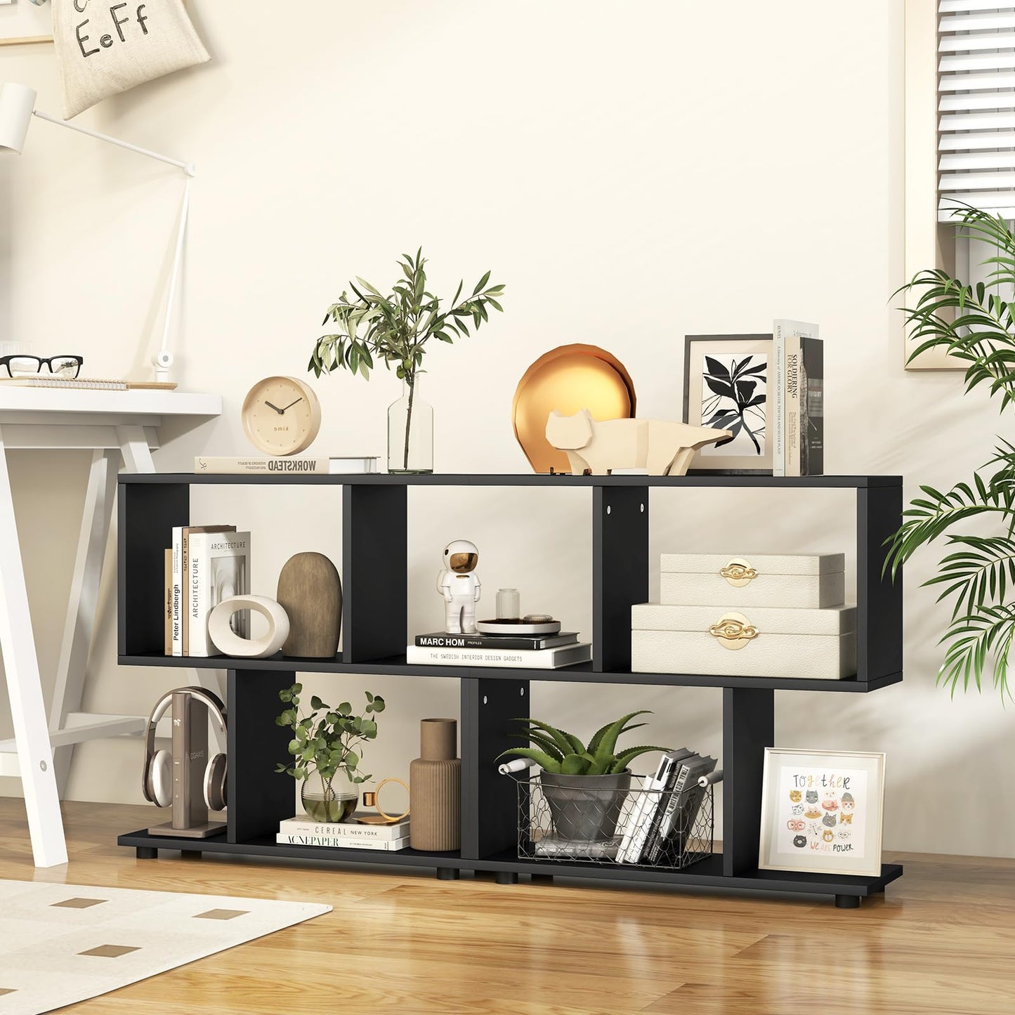 Tangkula Geometric 2-Tier Bookshelf - Stylish Open Storage Shelf for Home and Office - WoodArtSupply