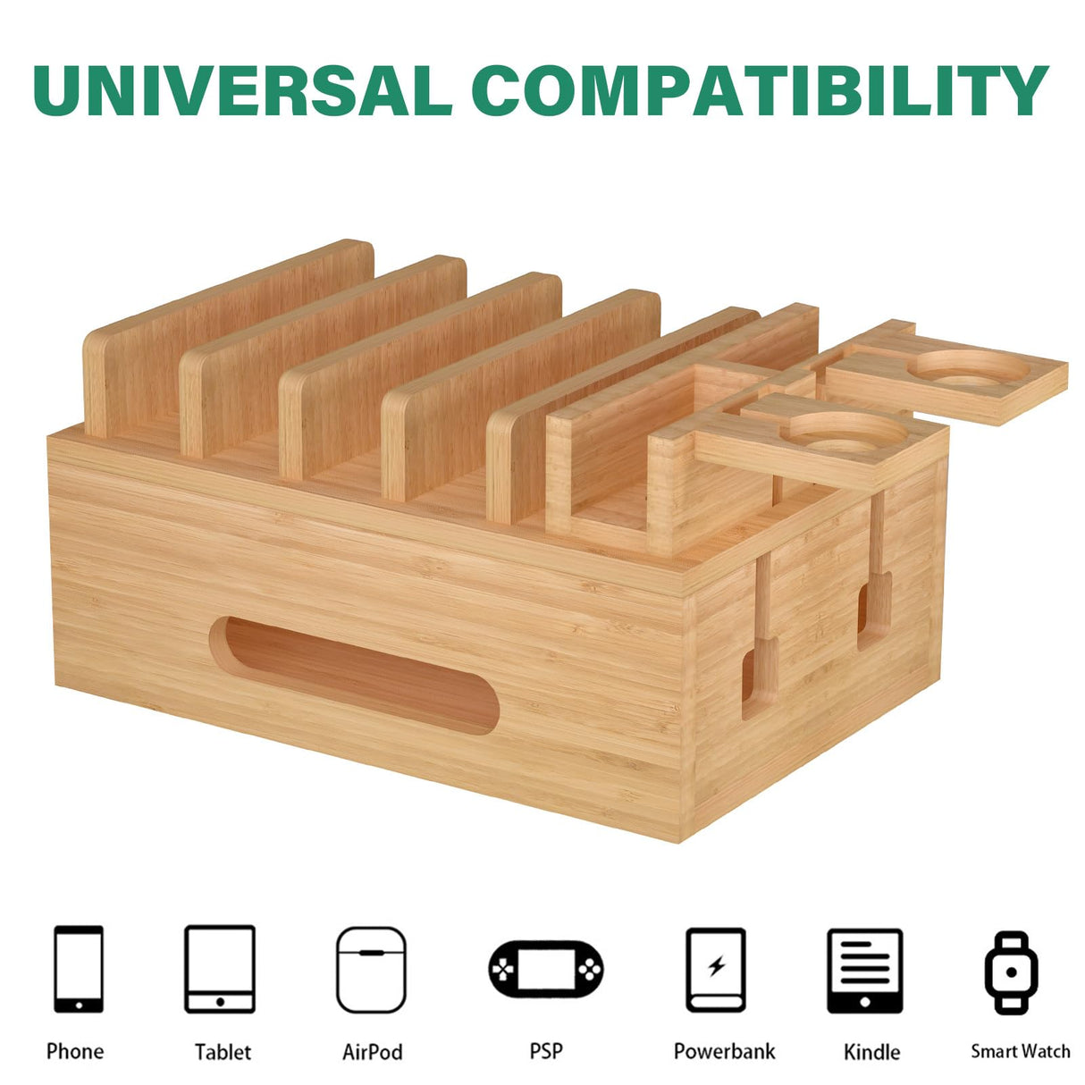 Bamboo Charging Stations for Multi Devices, Wood Desktop Docking Station Charger Organizer for Cell Phones, Tablets, Earphones, Watch (Includes 6 Charging Cables) (No Power Supply) Deefielly