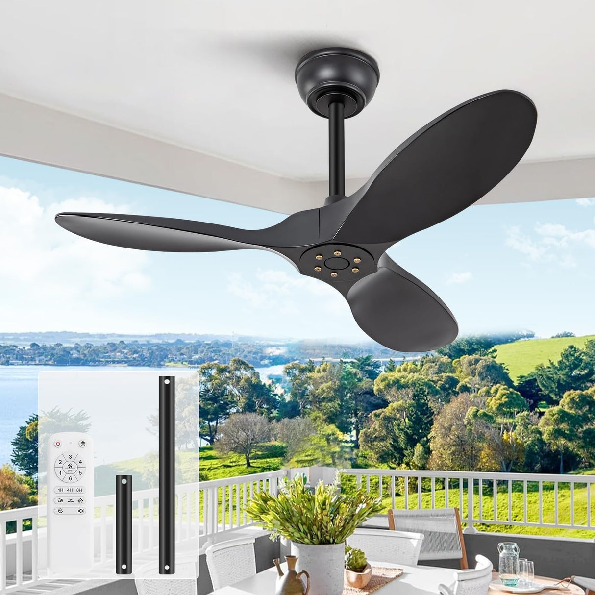 36 Inch Black Ceiling Fan, 6 Speeds, Reversible Silent DC Motor, 3 ABS Blades, Modern No Light Design, Remote Control for Indoor Outdoor Farmhouse Bedroom Patio Kids Room KBZZ