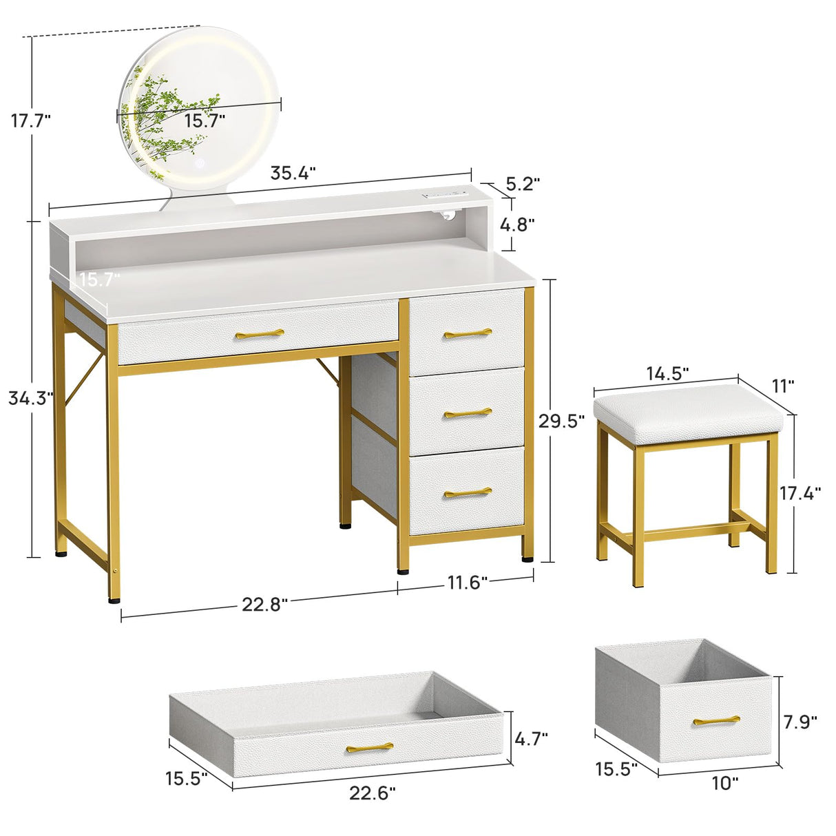 Seventable Vanity Desk with 4 Fabric Drawers, Vanity Table and Chair Set with Power Outlet & LED Strip, Makeup Table with 3 Adjustable Lighting Modes, White Gold Seventable