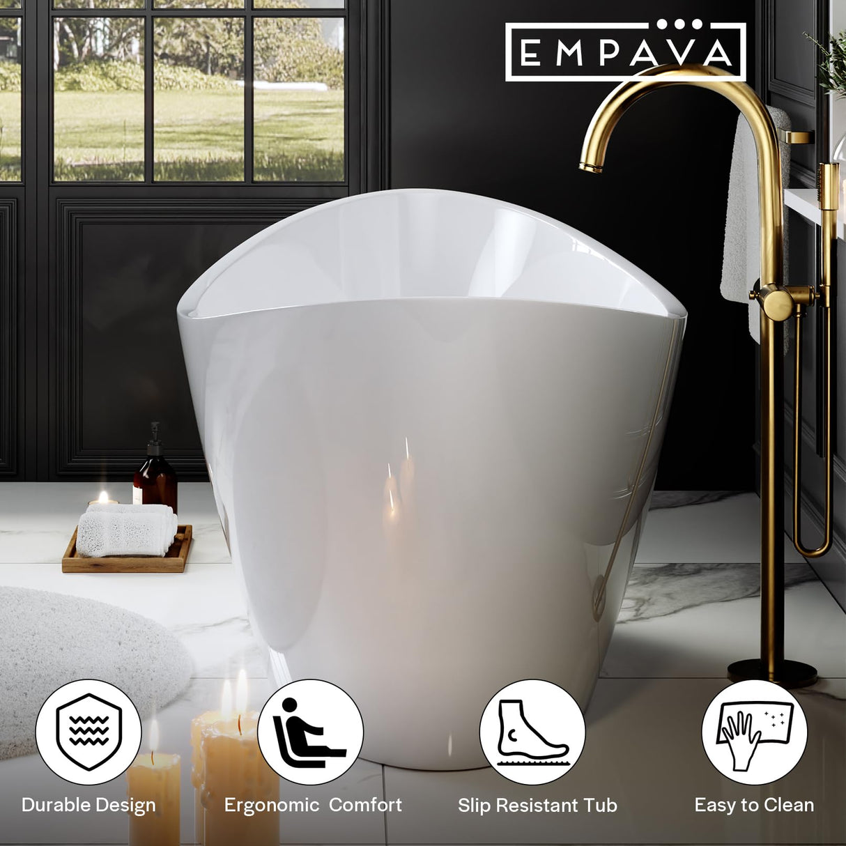 Empava Freestanding Bathtub, Flatbottom Acrylic Soaking Tub, Contemporary Stand Alone Design with Brushed Nickel Drain & Overflow, Glossy White, cUPC Certified, 59 Inch Empava