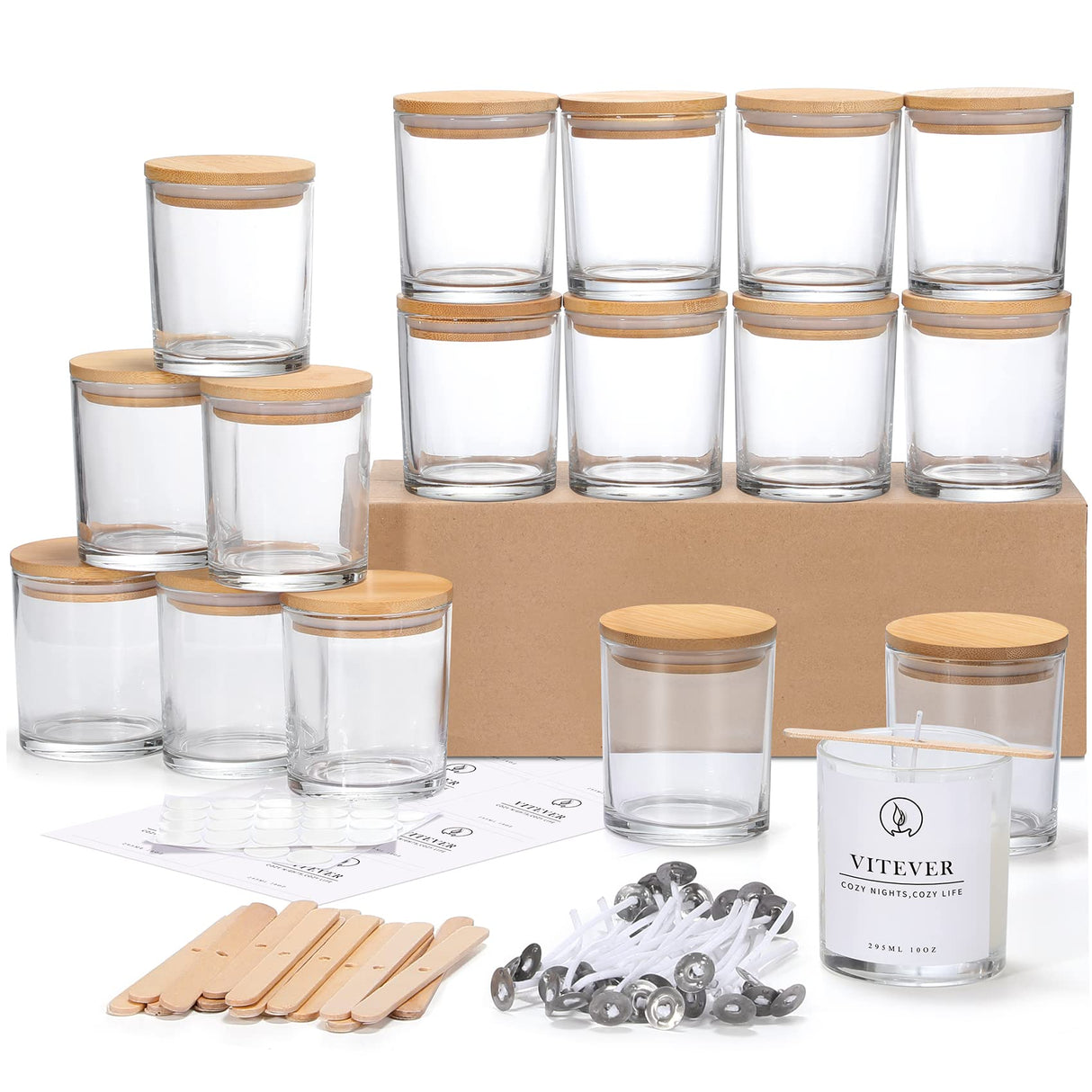 VITEVER 16 Pack, 10 OZ Thick Glass Candle Jars with Bamboo Lids and Candle Wick Kit - Bulk Clear Empty Glass Candle Jars for Making Candles - Spice, Powder Containers VITEVER