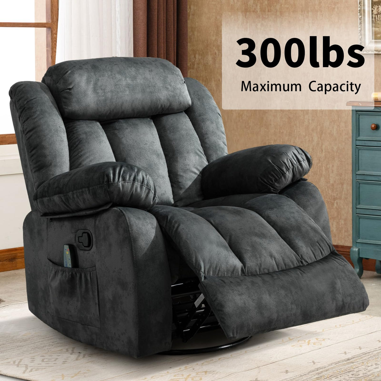 CANMOV Massage Swivel Rocker Recliner Chair with Heat and Vibration, 360 Degree Swivel Manual Recliners Antiskid Fabric Single Sofa Heavy Duty Reclining Chair for Living Room, Grey Green CANMOV