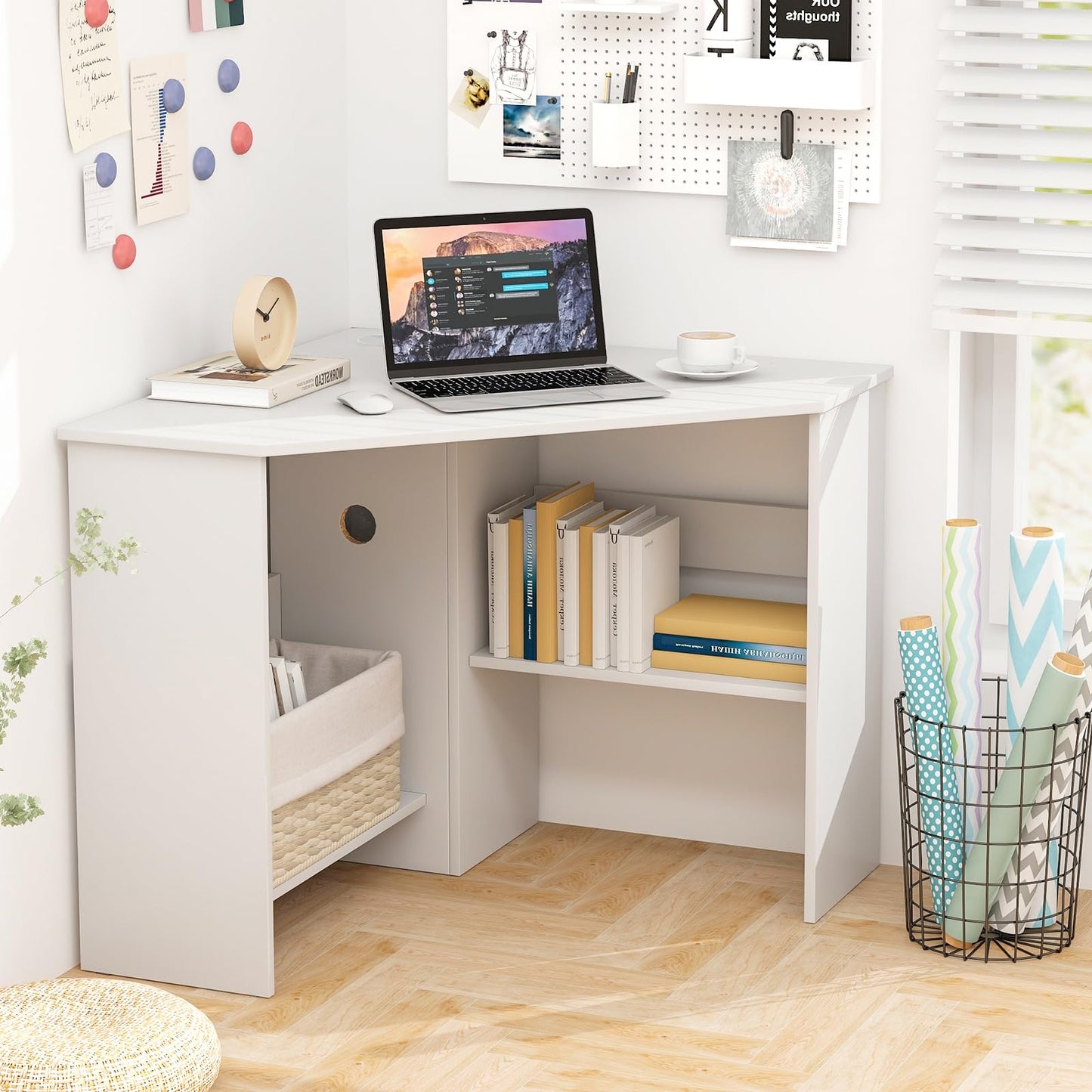 Tangkula White Corner Desk - 90 Degrees Triangle for Computer, Small Space, Bedroom, Makeup Vanity Desk with Storage Shelves & CPU Stand, Space Saving Writing Desk - WoodArtSupply