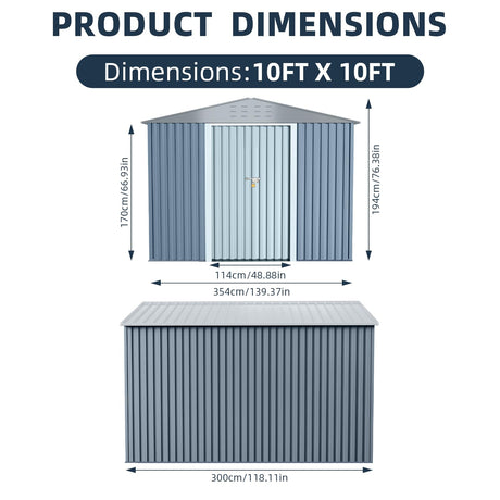 10x10FT Outdoor Metal Storage Shed, Lockable Weatherproof Garden Shed for Tools & Equipment, Durable Galvanized Steel with Sloping Roof & Ventilation, Ideal for Backyard, Patio & Garage Storage, Grey BouPower