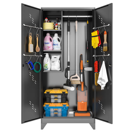 METALREAD 75" Metal Storage Cabinet, Tall Broom Cabinet, Garage Cabinets with Locking Doors, Black Outdoor Utility Broom Closet Storage Cabinets for Office, Bathroom, Warehouses METALREAD