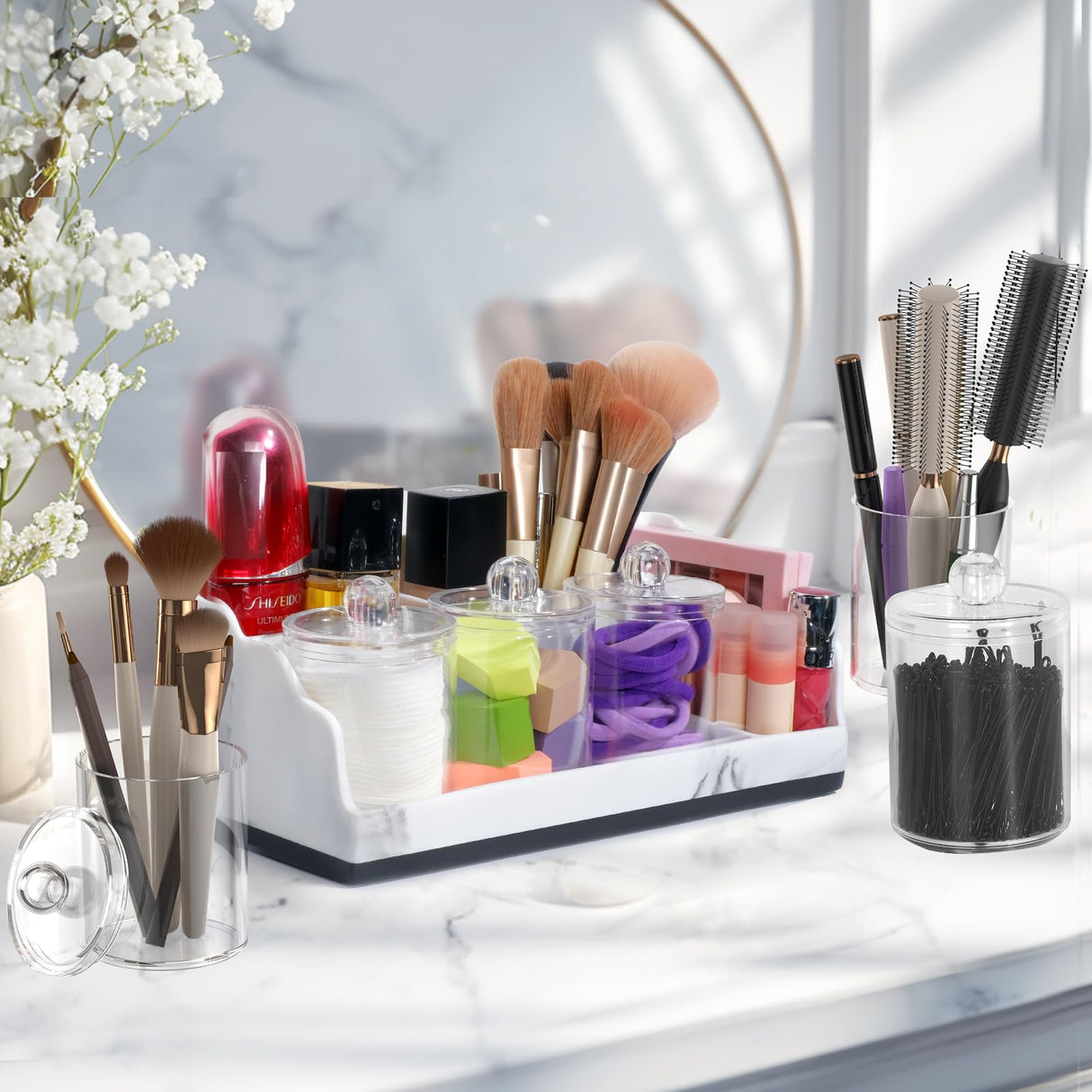 TuCao Marble Bathroom Countertop Organizer, Toothbrush Holders for Bathroom with 3PCS Qtip Holder Dispenser and Toothpaste Holder Drainage for Bathroom Accessories Organization Counter Vanity Storage TuCao