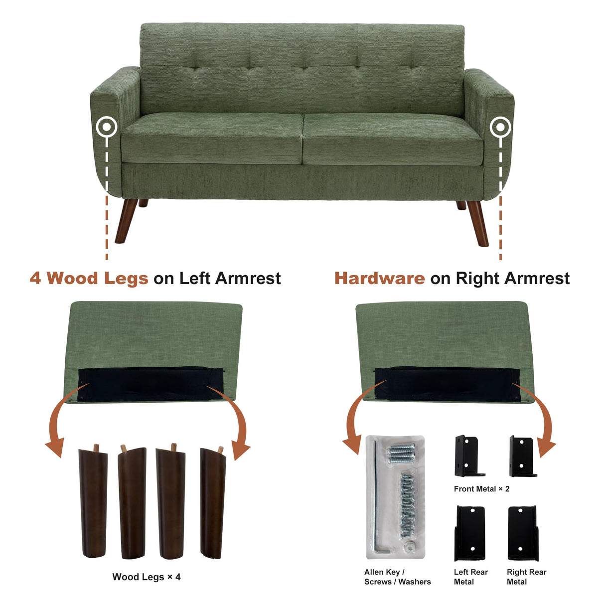 Tbfit 65" W Loveseat Sofa, Mid Century Modern Couches Love Seats for Living Room, Button Tufted Upholstered Small Couch for Bedroom, Solid and Easy to Install Love Seats Furniture, Green Tbfit
