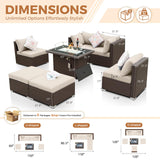 BULEXYARD 7 Piece Highback Patio Furniture Set with Fire Pit Table, Modern Modular Outdoor Sectional Couch Sofa with Ottoman, 6-Person Backyard Seating for Outside, Deck, Brown Wicker & Beige Cushion BULEXYARD