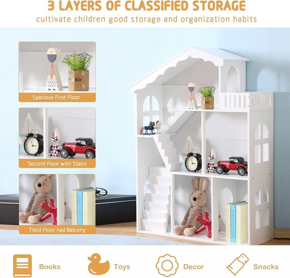 YFDZONE Dollhouse Bookshelf, Wooden Kids Bookshelve Children Doll House Toy Storage 3-Tier Bookcase for Books Gift for Girls Ages 3-7+ YFDZONE