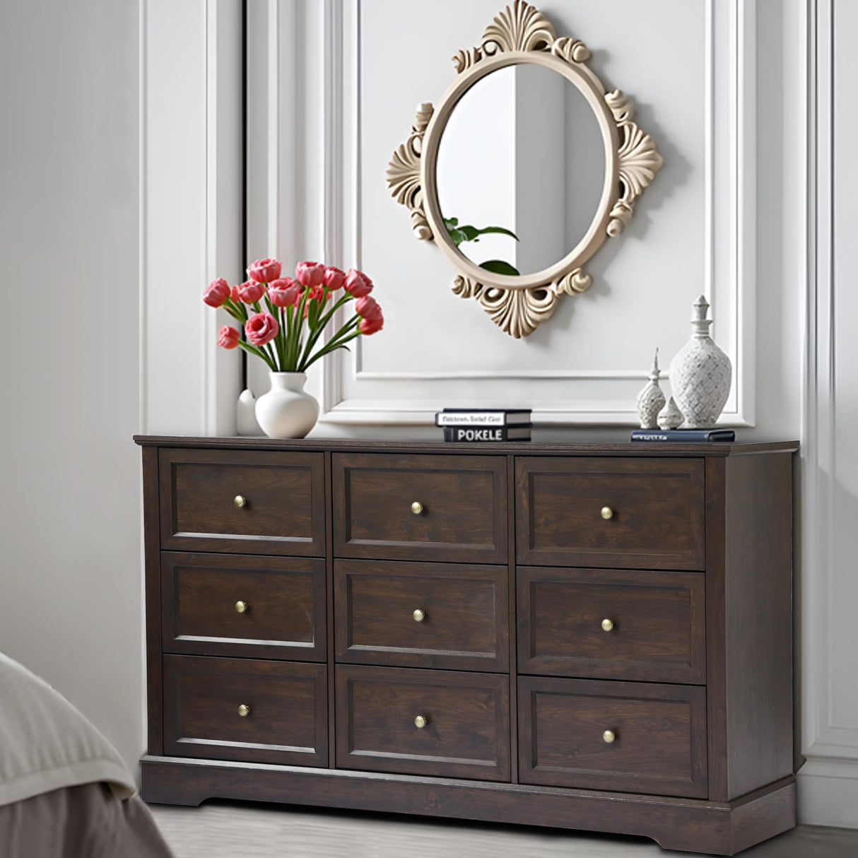 LOUVIXA Farmhouse Dresser 9 Drawer, Bedroom Chest of Drawers, Dressers with 9 Drawers, Wooden Dressers for Bedroom, Living Room, Tv Stand, Entryway (Brown-9 Drawers) LOUVIXA