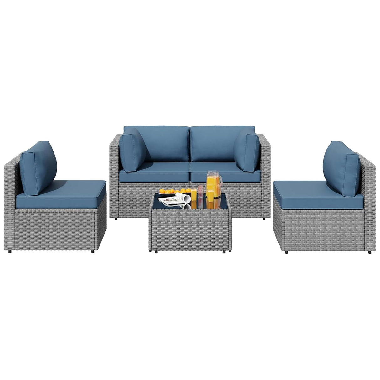 SUNLEI 5pcs Patio Furniture Sets Conversation Set, Low Back All-Weather Rattan Sectional Sofa with Tea Table&Washable Couch Cushions, Outdoor Furniture Set (Silver Rattan) SUNLEI