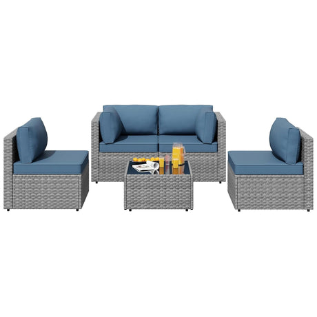 SUNLEI 5pcs Patio Furniture Sets Conversation Set, Low Back All-Weather Rattan Sectional Sofa with Tea Table&Washable Couch Cushions, Outdoor Furniture Set (Silver Rattan) SUNLEI