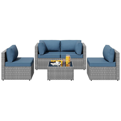 SUNLEI 5pcs Patio Furniture Sets Conversation Set, Low Back All-Weather Rattan Sectional Sofa with Tea Table&Washable Couch Cushions, Outdoor Furniture Set (Silver Rattan)