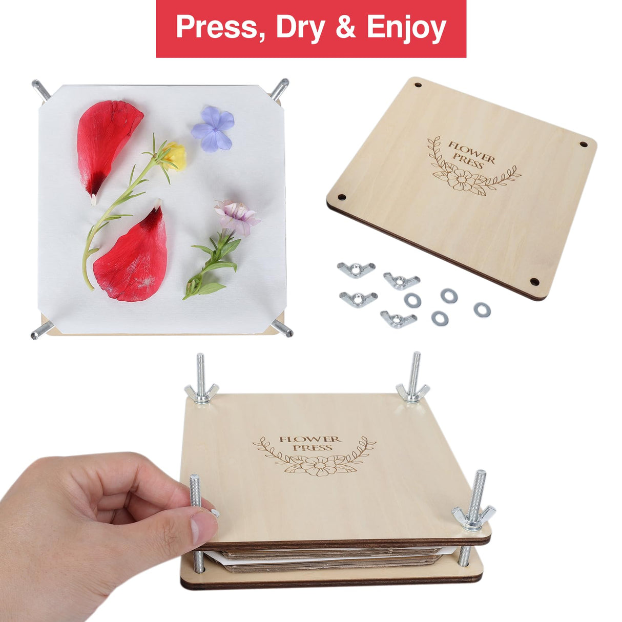 GOTHINK Flower Press Kit - 6 Layers 6 x 6 Inches, Easy to Use, DIY Dried and Preserved Flowers and Leaves, Plants Art & Crafts Wooden Flower Pressing Kit for Adults and Kids GOTHINK