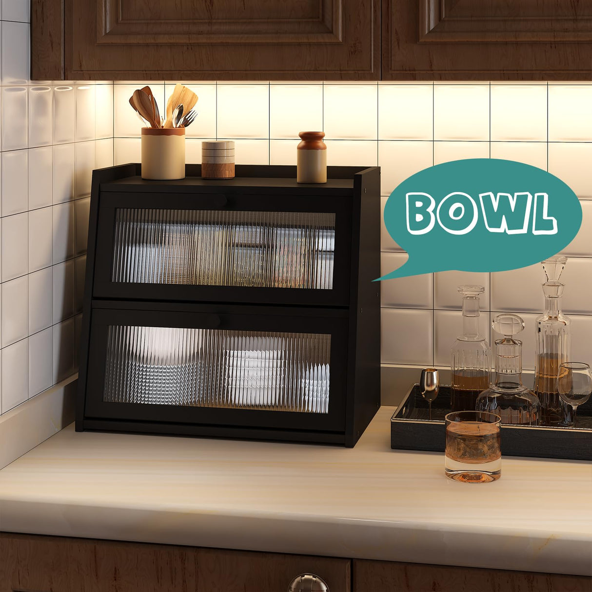 viewcare Black Bread Box, Double Layer Large Bread Box for Kitchen Counter, Bamboo Bread Storage Container with Wavy Acrylic Transparent Door viewcare