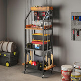 KITIVIALA Fishing Rod Holder for Garage with Hooks & Pegboard, 3-Tier Fishing Pole Rack Holds 12 Rods, Rolling Fishing Rod Storage Organizer with Wooden Tool Box, Fishing Tackle Shelf for Anglers KITIVIALA