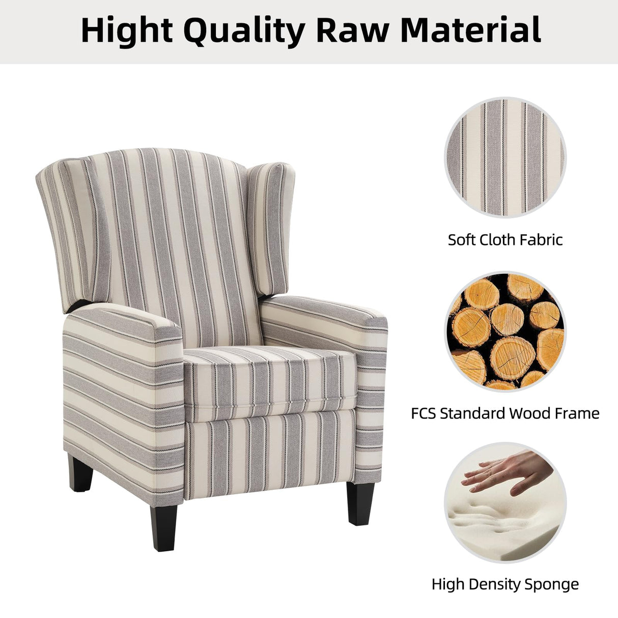IOMOR Wingback Pushback Recliner Chair Fabric Lounge Armchair Push Back Single Sofa Chair with Padded Seat Solid Wood Legs for Living Room, Mid Century Modern Recliner (Grey Stripe) IOMOR
