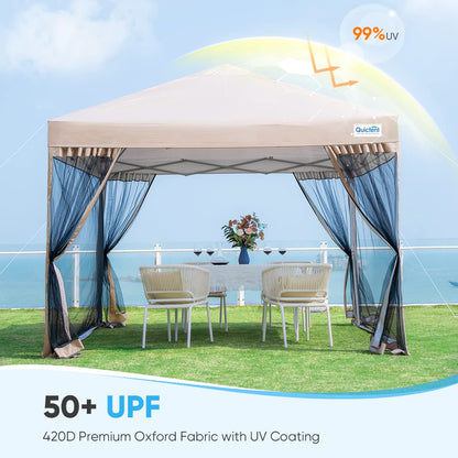 Quictent 10'x10' Pop up Canopy Tent with Mosquito Netting, Outdoor Ez up Screened Canopies Screen House Room Tent Portable, Fully Sealed, Waterproof & Wheeled Carry Bag Included (Tan) - WoodArtSupply