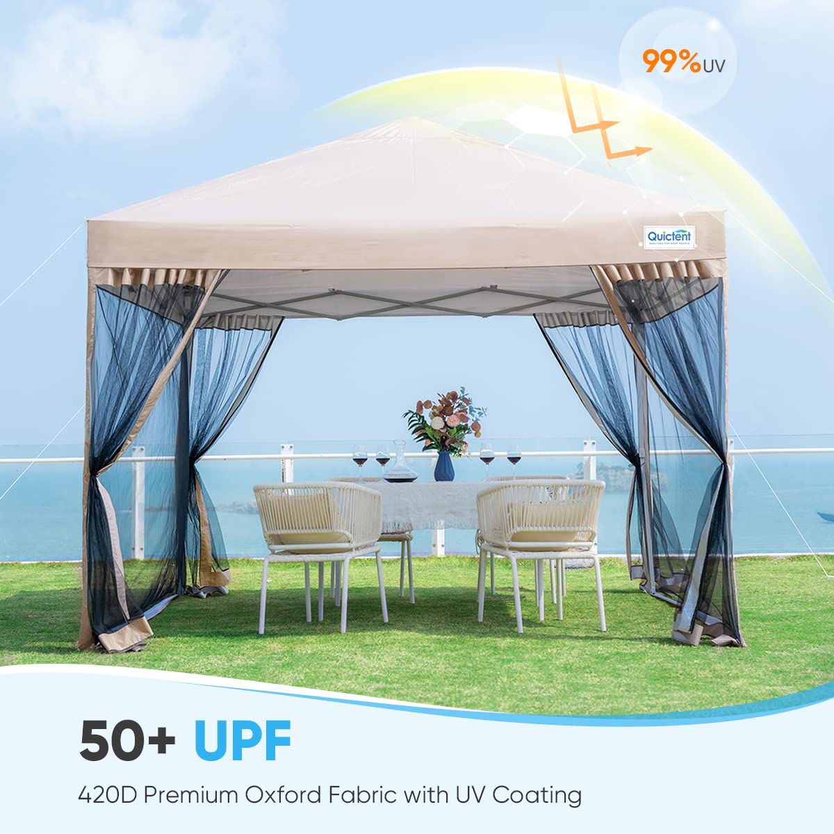 Quictent 8'x8' Pop up Canopy Tent with Netting, Outdoor Instant Portable Gazebo Easy up Screen House Room Tent -Fully Sealed, Waterproof & Roller Bag Included (Tan) Quictent