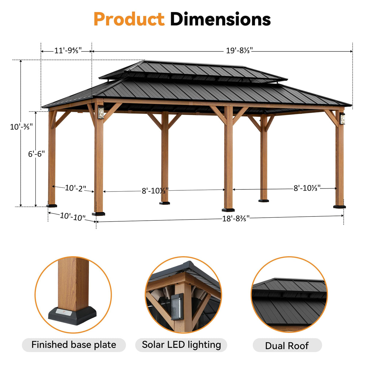 Modern Shade The Horizon Permanent Hardtop Gazebo 12' x 20' w/ 4 LED Lights, Outdoor Gazebo w/Galvanized Steel Double Roof, Patio Pavilion w/Decor Hooks, Mosquito Nettings, Wood-Looking Modern Shade Outdoor Living Spaces