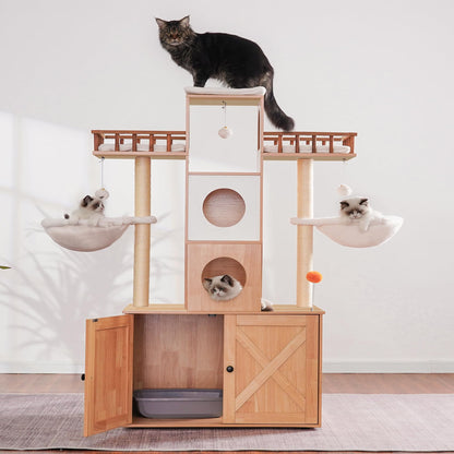 Heybly Cat Tree with Litter Box Enclosure for Indoor Big Cat, Cat Tower for Large Cats 20 lbs Heavy Duty,Modern Cat Condo Furniture with Scratching Posts, Walnut HCT110WB - WoodArtSupply