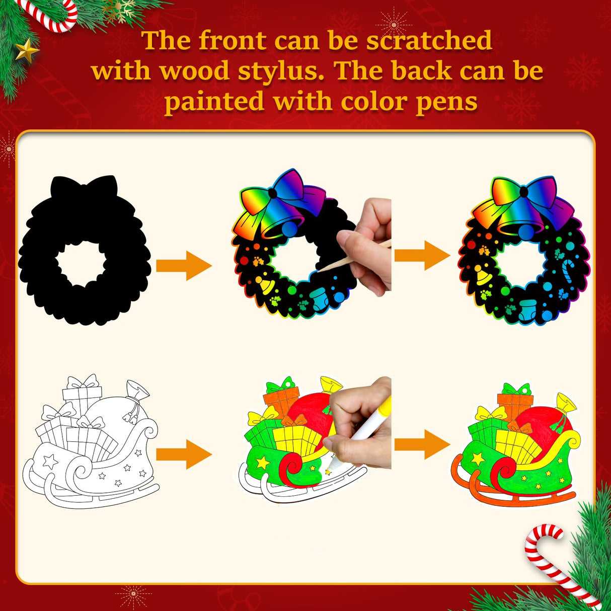 Garma 36Pcs Christmas Crafts Scratch Art for Kids, Rainbow Scratch Paper Christmas Ornaments Crafts Christmas Party Favors Toys Xmas Tree Ornaments Hanging Craft Art Kits Garma