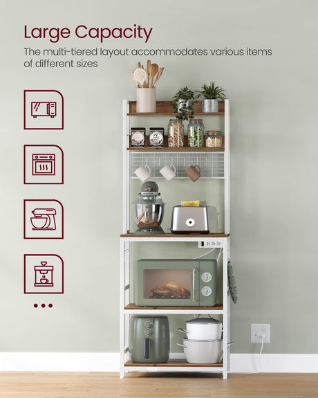 VASAGLE Hutch Bakers Rack with Power Outlet, 14 Hooks Microwave Stand, Adjustable Coffee Bar with Metal Wire Panel, Kitchen Storage Shelf, 15.7 x 23.6 x 66.9 Inches, Rustic Walnut and White UKKS037W41 VASAGLE