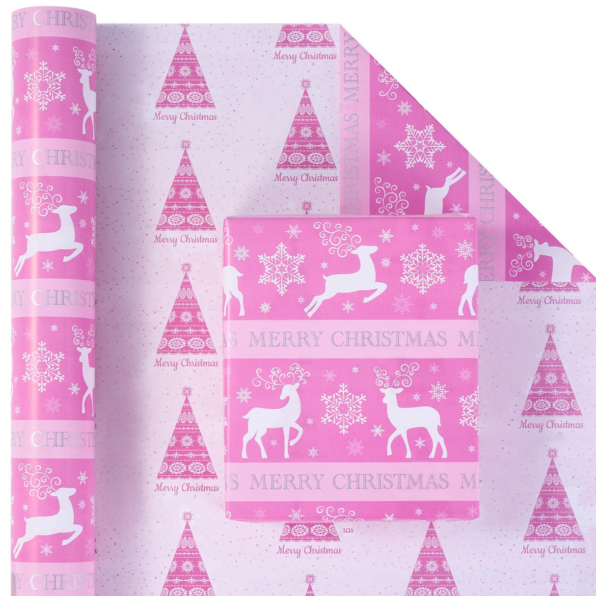 EWES Pink Christmas Wrapping Paper Rolls Set,Aesthetic Elegant Gift Wrap,Cute Pattern with Reindeer,Snowflake,Christmas Tree,Reversible, Total 28.5sq.ft EWES