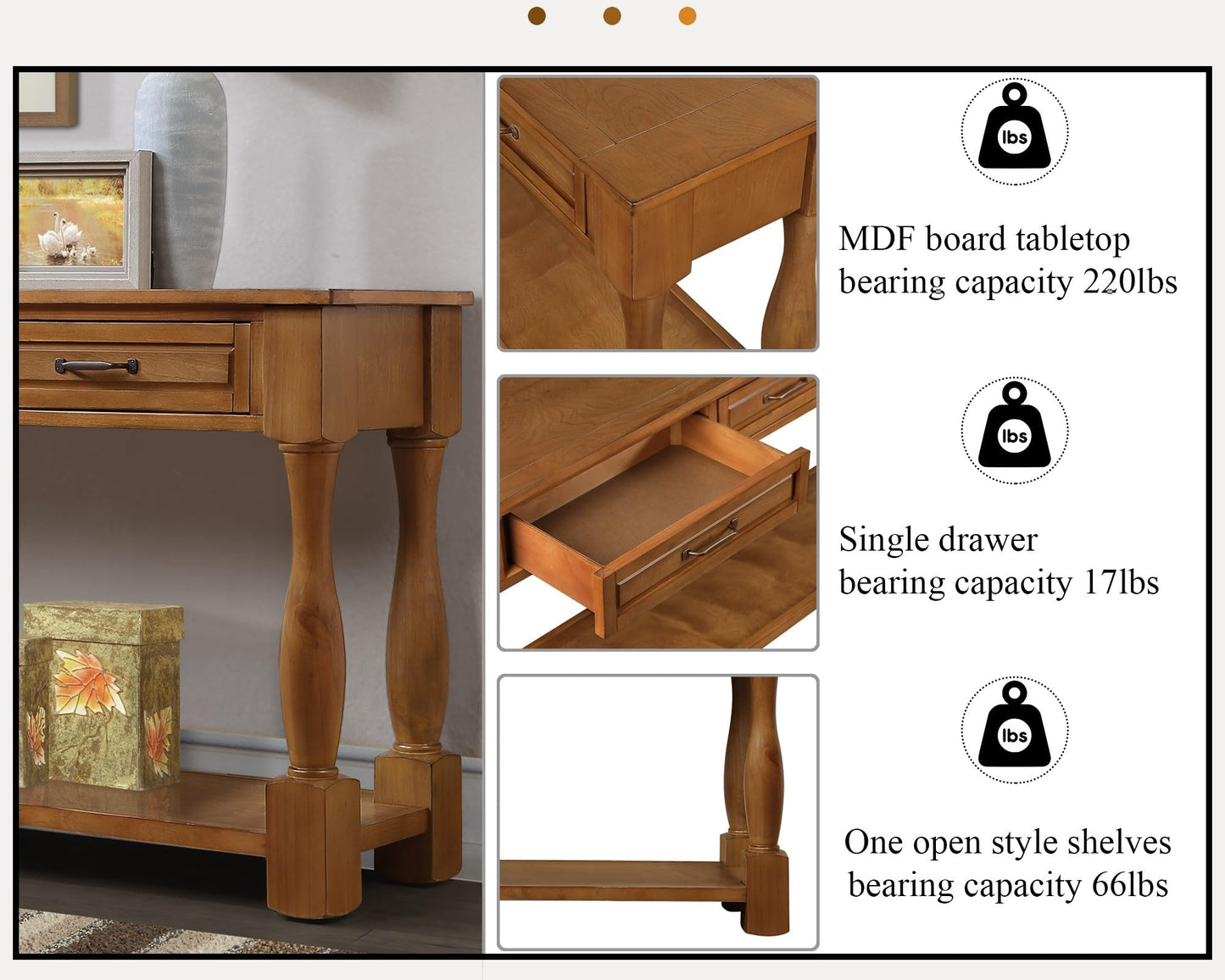 LKTART Solid Wood Console Table Sofa Table Entryway Table with 3 Drawers and 1 Bottom Shelf for Storage Entry Hallway Foyer Sofa (63" Brown) - WoodArtSupply