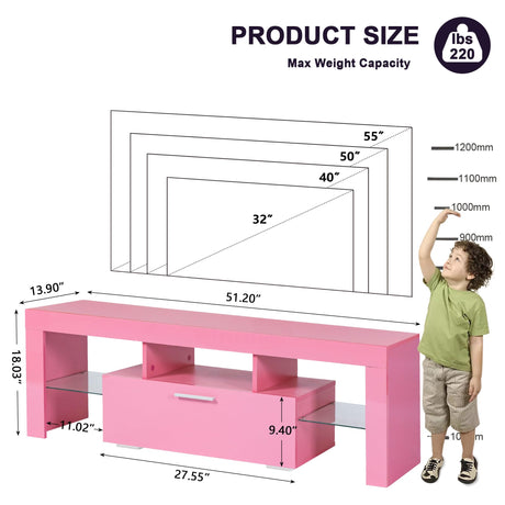 Clikuutory Pink LED TV Stand with Large Storage Drawer for 32 40 50 55 Inch TVs, Modern High Gloss TV Console Table with Entertainment Center for Living Room, Bedroom, Pink Clikuutory