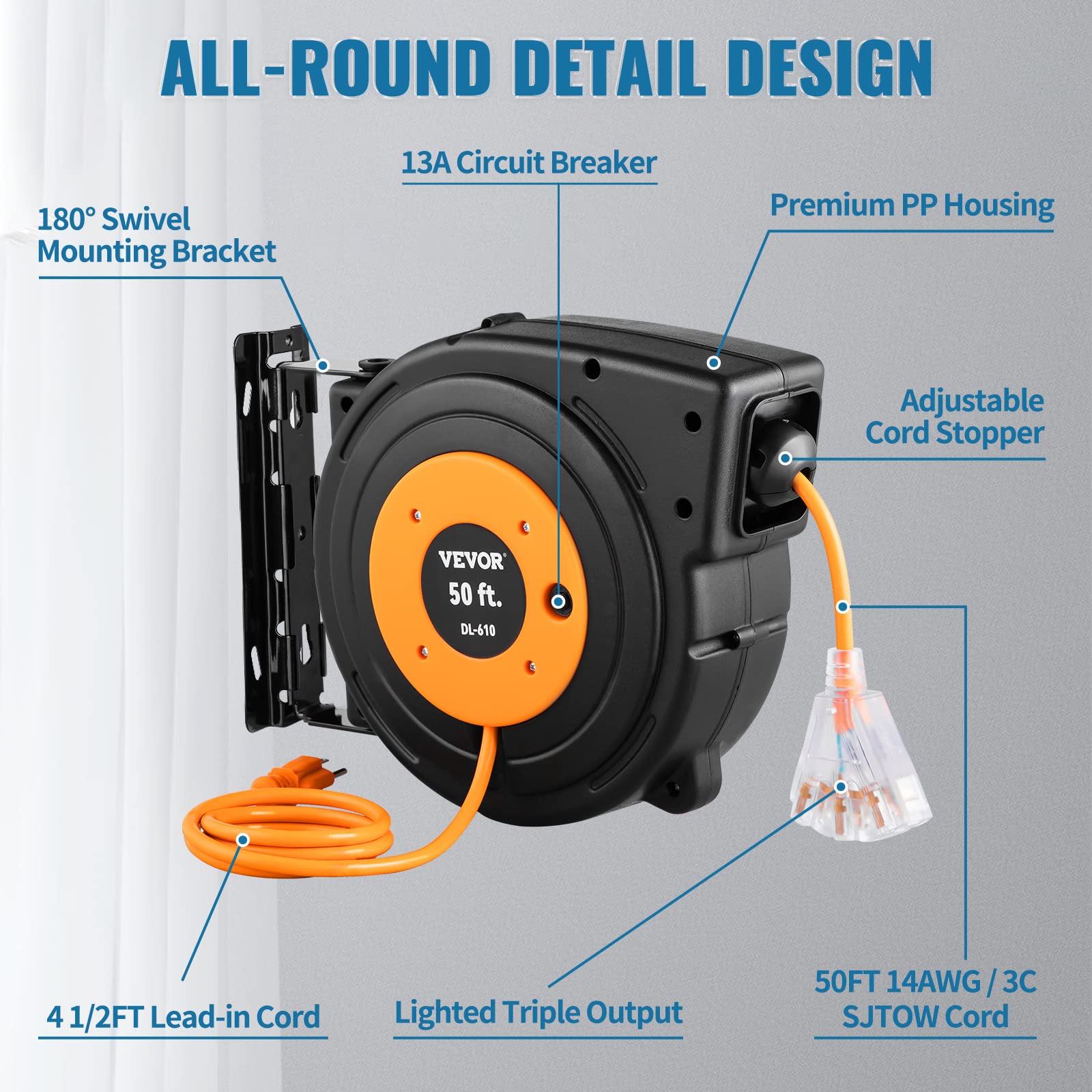 VEVOR Retractable Extension Cord Reel, 50 FT Heavy Duty 14AWG/3C SJTOW Power Cord with Lighted Triple Tap Outlet, 13 Amp Circuit Breaker, 180° Swivel Bracket for Ceiling or Wall Mount - WoodArtSupply