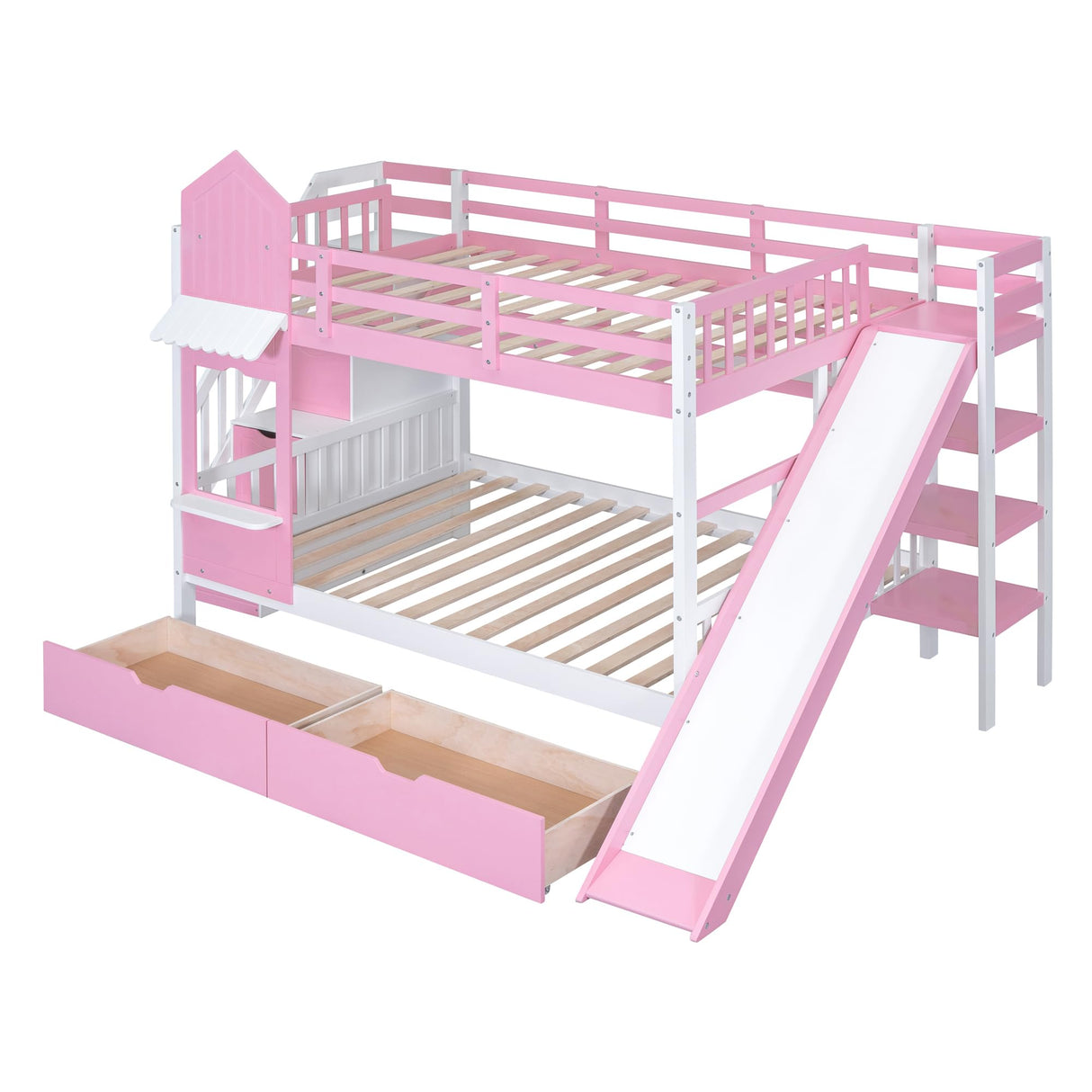 Kids Full Bunk Bed with Stairs and Slide, Wood Full Over Full Bunk Bed with Storage Drawers and Shelves, Castle Style Bunk Beds for Kids Teens Girls Boys, Pink Bellemave