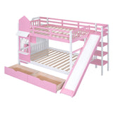 Kids Full Bunk Bed with Stairs and Slide, Wood Full Over Full Bunk Bed with Storage Drawers and Shelves, Castle Style Bunk Beds for Kids Teens Girls Boys, Pink Bellemave