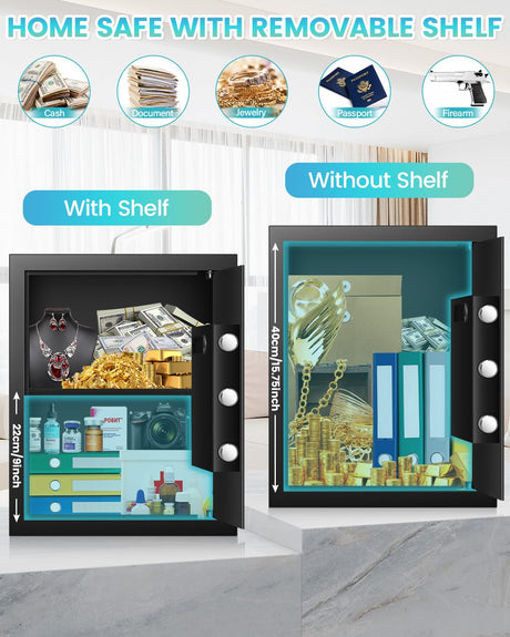 2.5 Cuft Fireproof Safe Box, Home Safe with Fireproof Waterproof Bag, Anti-Theft Digital Security Safe Box with Smart Alert System, Removable Shelf, Mute Function, Personal Safe Box for Money Jewelry FOWORE