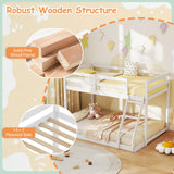 KOMFOTT Low Bunk Bed Twin Over Full, Solid Wood Twin Bed Frame with Built-in Ladder & Safety Guardrails, Space-Saving Low Bunk Bed for Kids, Teens, No Box Spring Needed KOMFOTT